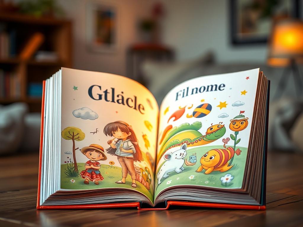 A high-resolution close-up shot of a beautifully designed children's storybook featuring a child's name on the cover. The book is open to a colorful page with engaging illustrations that capture the imagination. Soft, warm lighting accentuates the vibrant colors of the illustrations, creating a magical atmosphere. The background is a subtle, blurred home setting, emphasizing the book's charm and inviting nature.