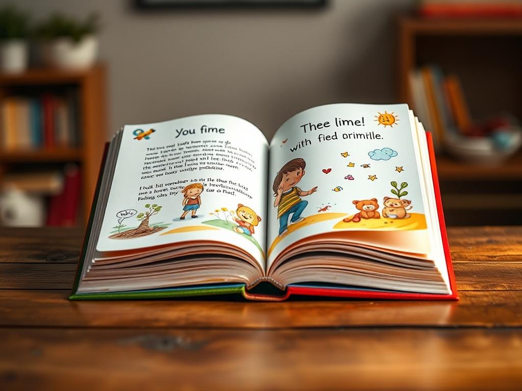 A beautifully rendered high-resolution photo of a child's personalized story book open on a wooden table, showcasing vibrant illustrations. The focus is on a close-up of the book's pages, with a child's name and photo prominently displayed. The background is softly blurred to emphasize the book, using a color palette that includes rgb(4, 104, 120) for a warm and inviting atmosphere.