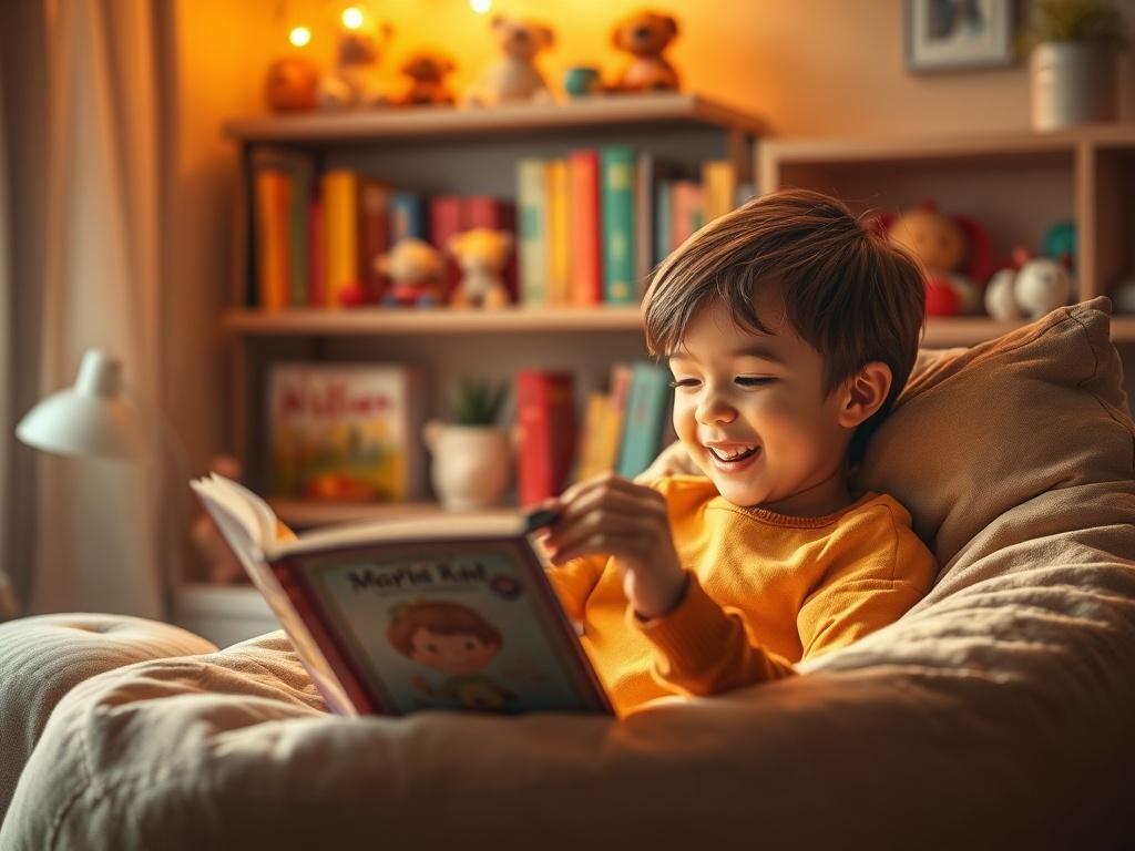 **Prompt for AI Image Generator:**

Create a realistic high-resolution photo that captures the essence of a cozy reading nook designed for children, embodying the theme "The Magic of Personalized Storytelling." The composition should be simple and clear, featuring a singular subject: a young child, around five years old, engrossed in reading a personalized storybook. 

The child should be seated comfortably in a plush armchair or bean bag, with soft, golden lighting illuminating their delighted expression. 