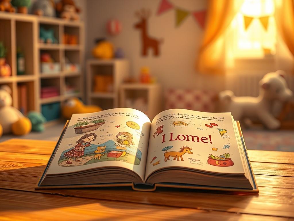 A high-resolution photo of an enchanting children's storybook open on a cozy wooden table. The book features vibrant illustrations and a child's name beautifully printed on the page. Soft golden lighting casts a warm glow, creating a serene and inviting atmosphere. In the background, a gentle blur of a child's playroom can be seen, with plush toys and colorful decor, enhancing the magical experience.