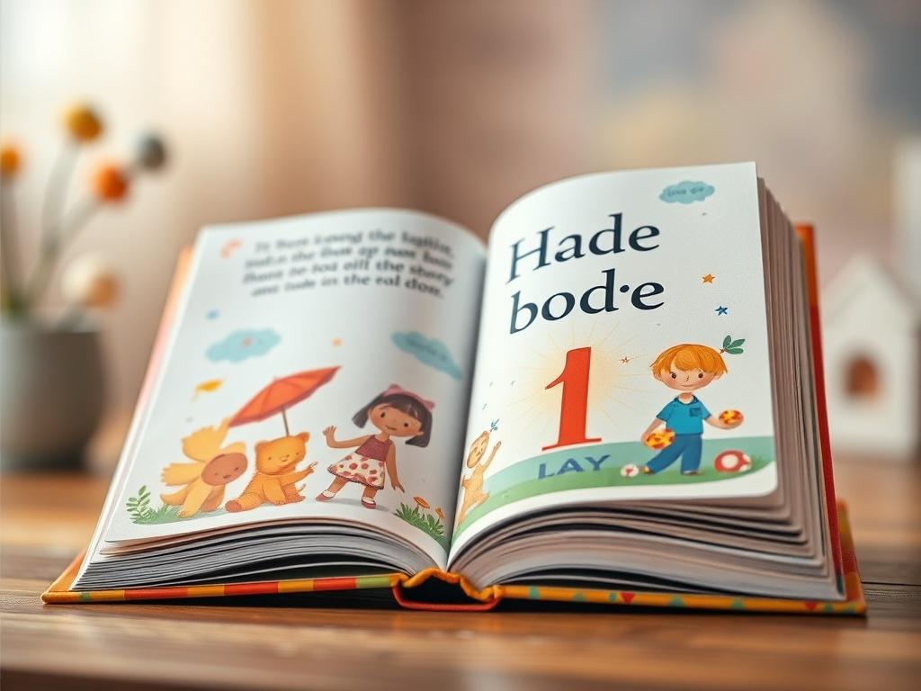 A high-resolution close-up shot of a beautifully designed personalized children's storybook, open to a colorful illustrated page with a child's name prominently displayed. The background features soft, inviting colors that evoke a sense of wonder and imagination. The book should be the main focus, shot with a 45mm f/1.2 lens to create a dreamy bokeh effect.
