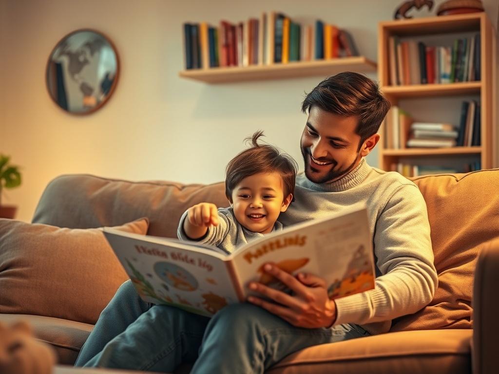 A cozy, inviting scene featuring a parent and child sitting together on a comfortable couch, engrossed in a beautifully illustrated storybook. The room is softly lit with warm golden hues, creating a serene atmosphere. The child is pointing excitedly at a page, while the parent smiles, showcasing the joy of sharing a personalized story. In the background, a shelf filled with colorful books adds to the warmth of the setting.