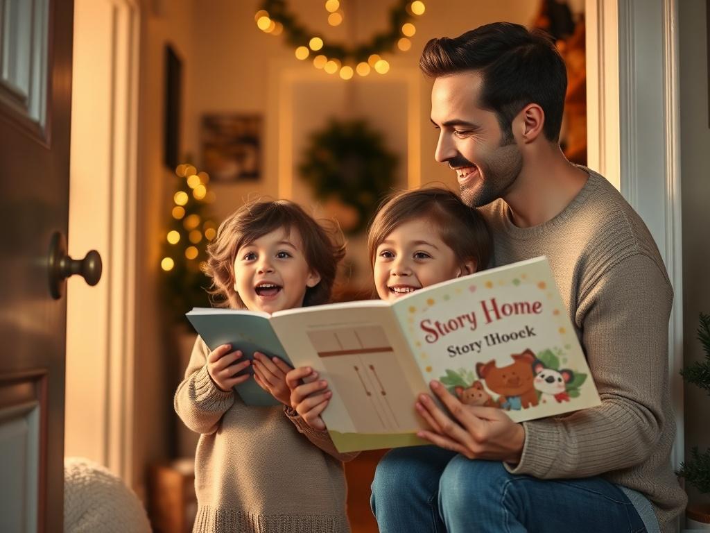 Show an enthusiastic child and parent eagerly awaiting a delivery at home, surrounded by cozy decor. The child should be holding the personalized storybook with excitement while looking towards the door. The atmosphere should be warm and inviting, with soft lighting that conveys a sense of anticipation and joy.
