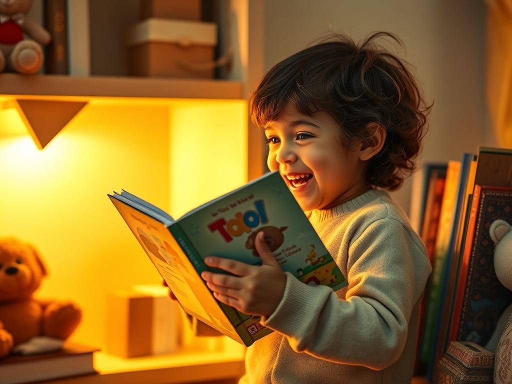 Create a cozy, golden-hued scene featuring a child joyfully selecting a storybook from a colorful shelf. The child should appear excited and engaged, surrounded by warm, soft lighting that adds a magical atmosphere. The background should be simple, showcasing a few other books and a plush toy to enhance the inviting environment.