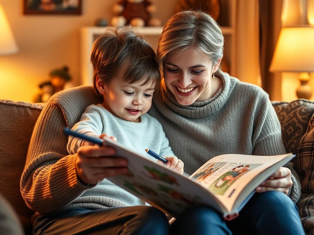 Depict a serene scene of a parent and child reviewing the personalized storybook together. The child should be pointing at a page with excitement, while the parent smiles, holding a pen to make notes. The setting should be cozy with soft, golden lighting, highlighting their connection and the magical book.
