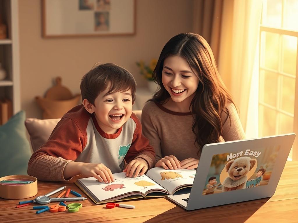 Illustrate a warm, inviting scene of a parent and child sitting together at a table, joyfully personalizing a storybook. The table should have colorful craft materials and a laptop or tablet open, showcasing options for adding names and photos. The atmosphere should be cozy, with soft lighting that highlights their smiles and excitement.