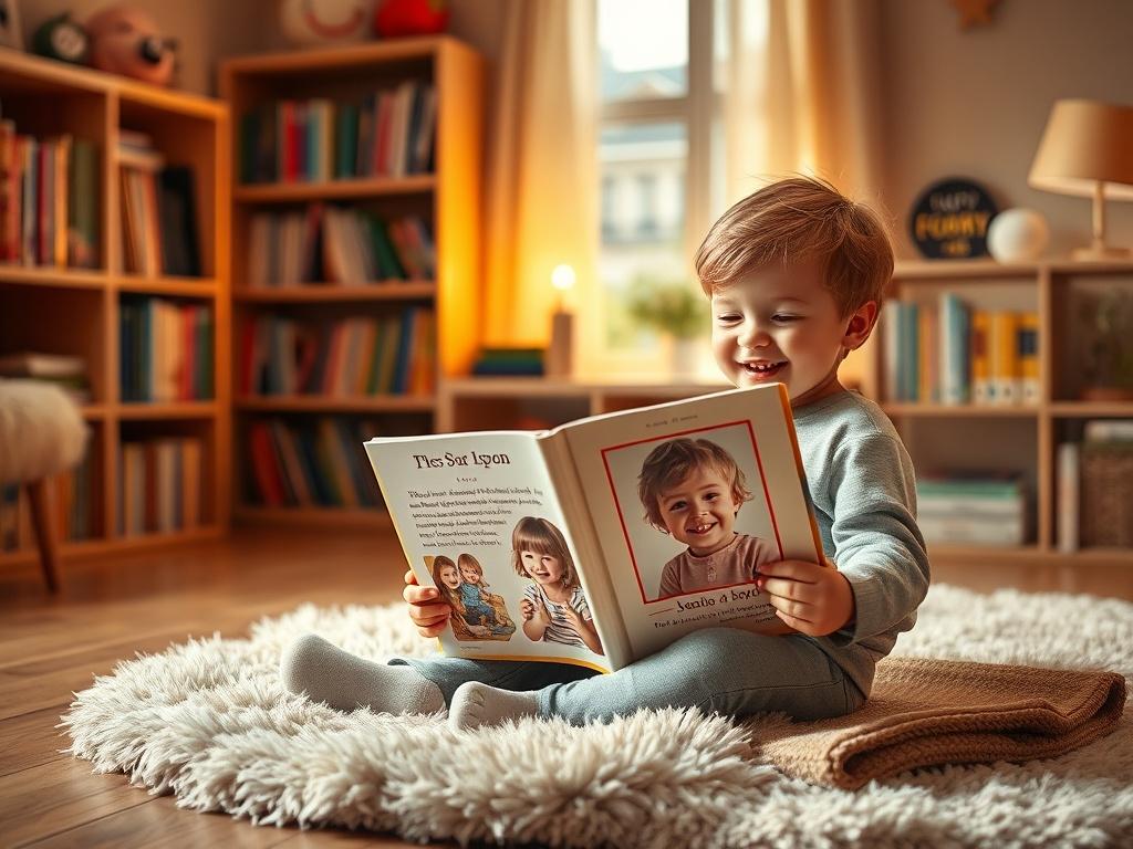 A cozy, golden-hued room with soft lighting, showcasing a child sitting on a plush rug, engrossed in a personalized storybook. The child has a joyful expression, and a photo of them is prominently displayed on the book's cover. The background includes bookshelves filled with colorful books and a warm, inviting atmosphere.