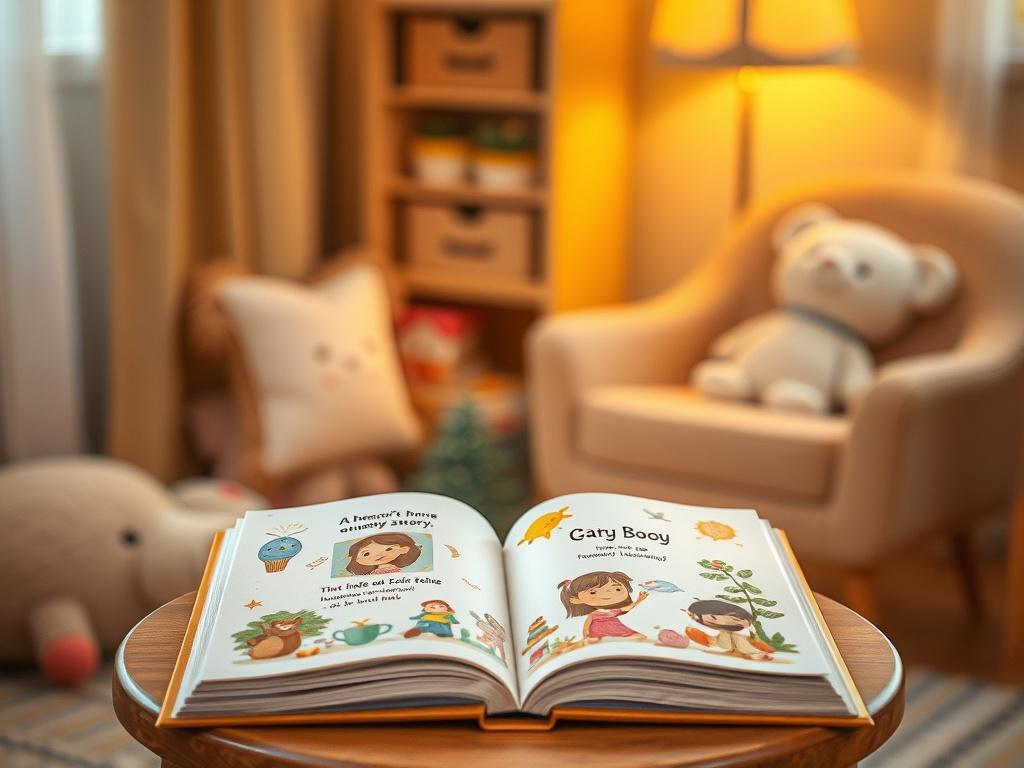A cozy, inviting children's room with soft golden lighting, featuring a beautifully illustrated Story Book open on a small wooden table. The book should showcase vibrant illustrations, and a child's name and photo should be partially visible on the pages. The background should include plush toys and a comfortable chair, creating a serene atmosphere that highlights the magic of storytelling.