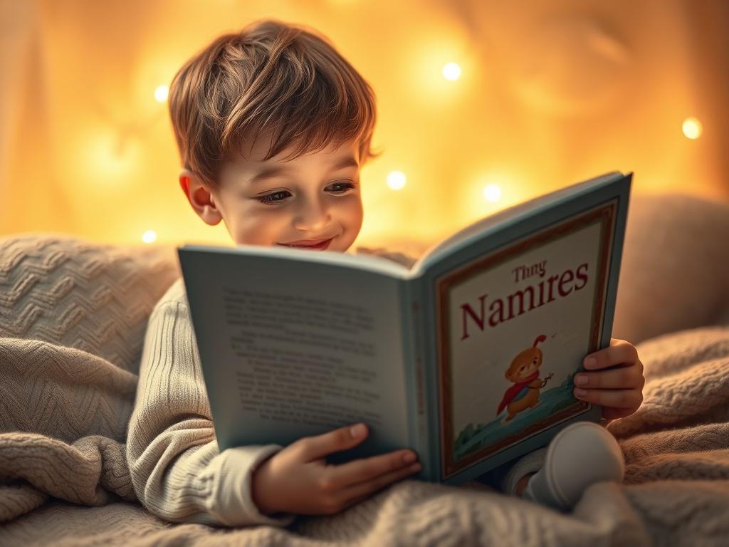 A cozy, golden hued setting featuring a smiling child reading
