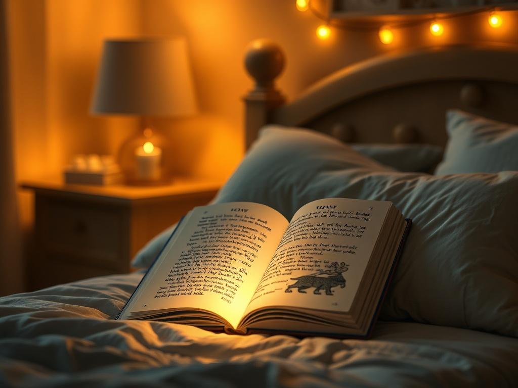 A serene, high resolution image of a bedtime storybook resting