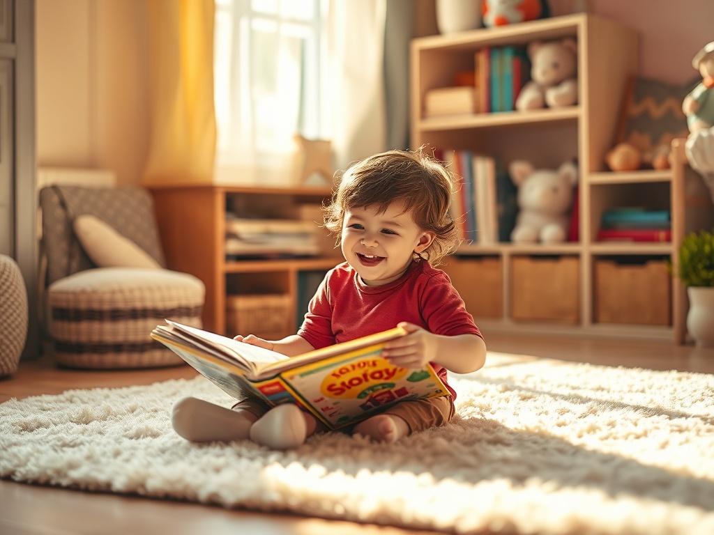 A cozy, warm room with a child sitting on a