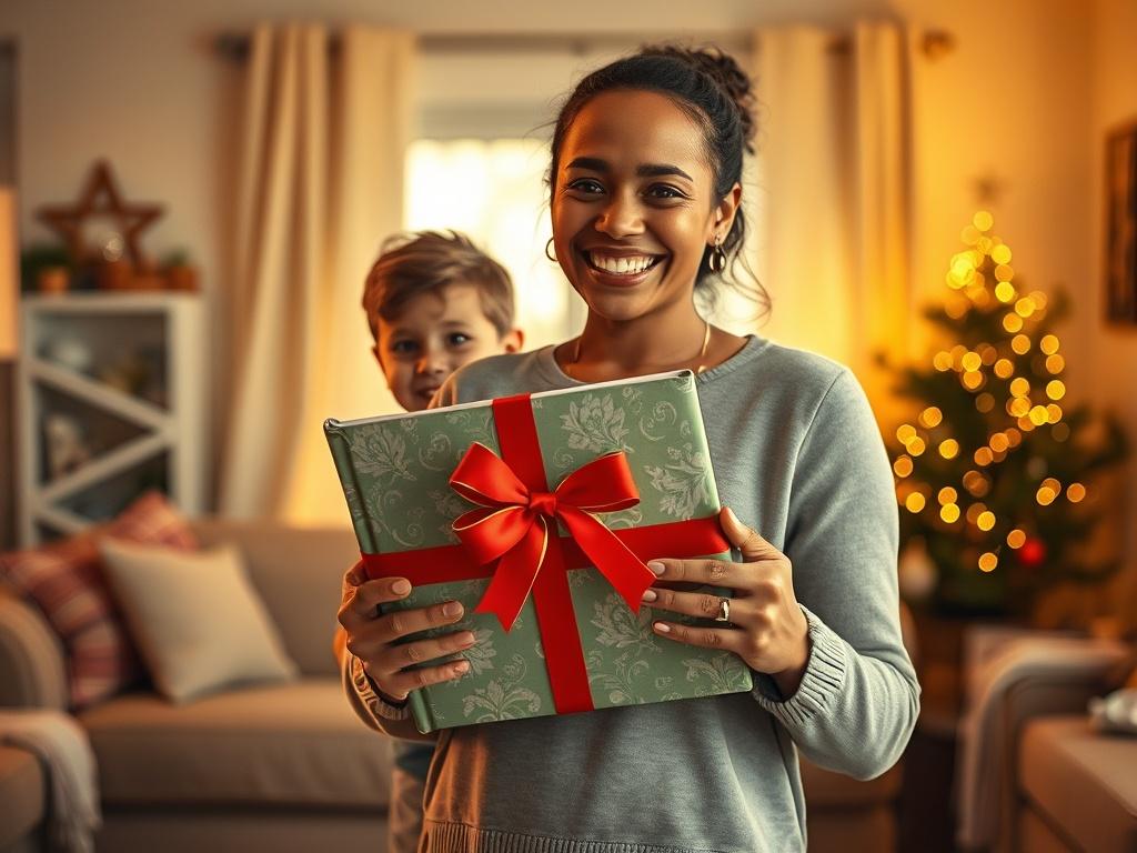 A joyful parent holding a beautifully wrapped storybook with a