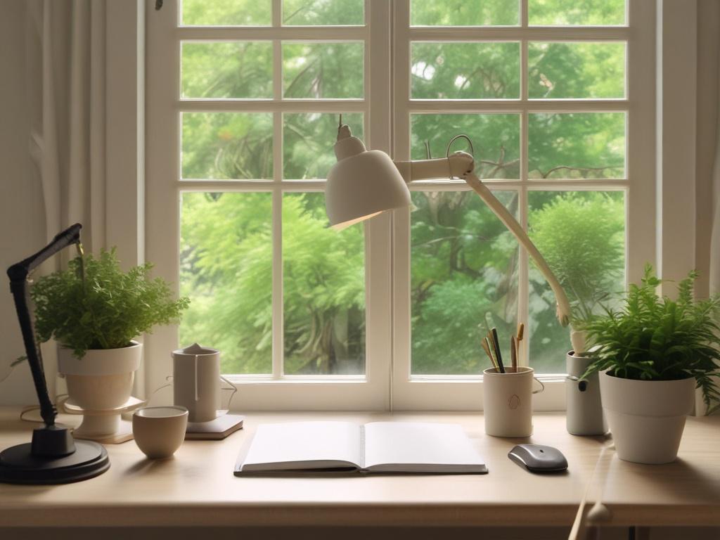 A serene workspace featuring a single, elegant desk with a