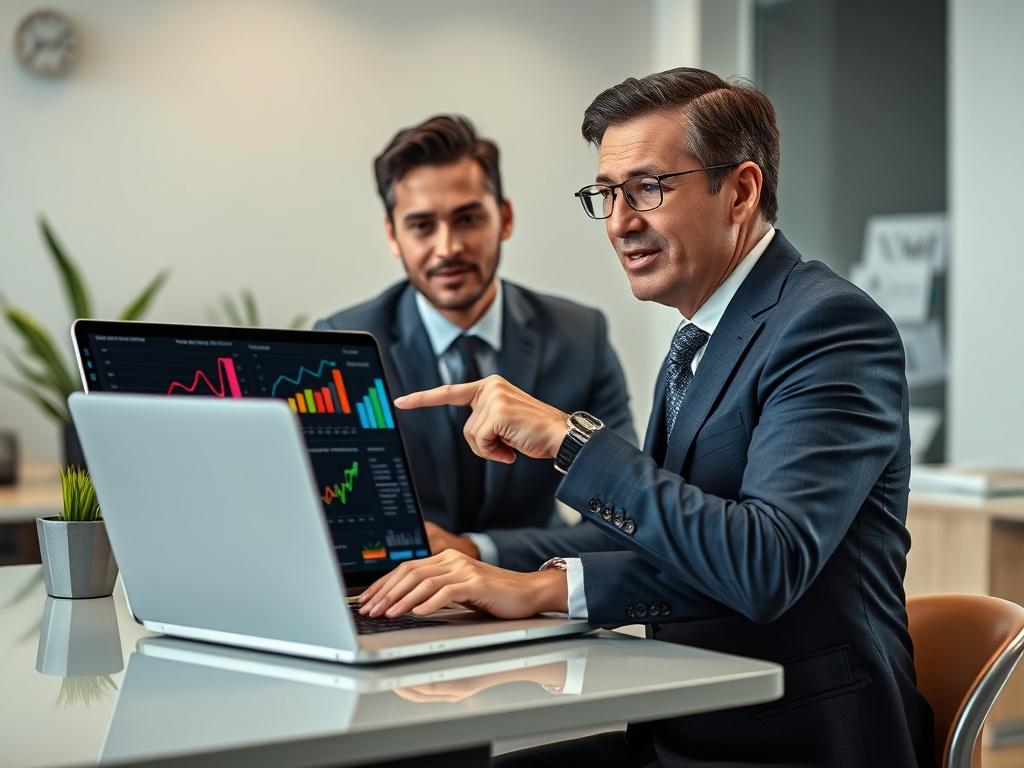 Create a realistic high-resolution photo depicting a professional-looking individual engaged in a focused discussion with a laptop open in front of them, on a sleek, modern desk. The subject should be a middle-aged, diverse businessperson, wearing smart casual attire, showcasing an expression of concentration and enthusiasm. They are pointing at the laptop screen, which displays colorful charts and graphs representing marketing data and AI analytics.

The background should be a minimalistic office space wit