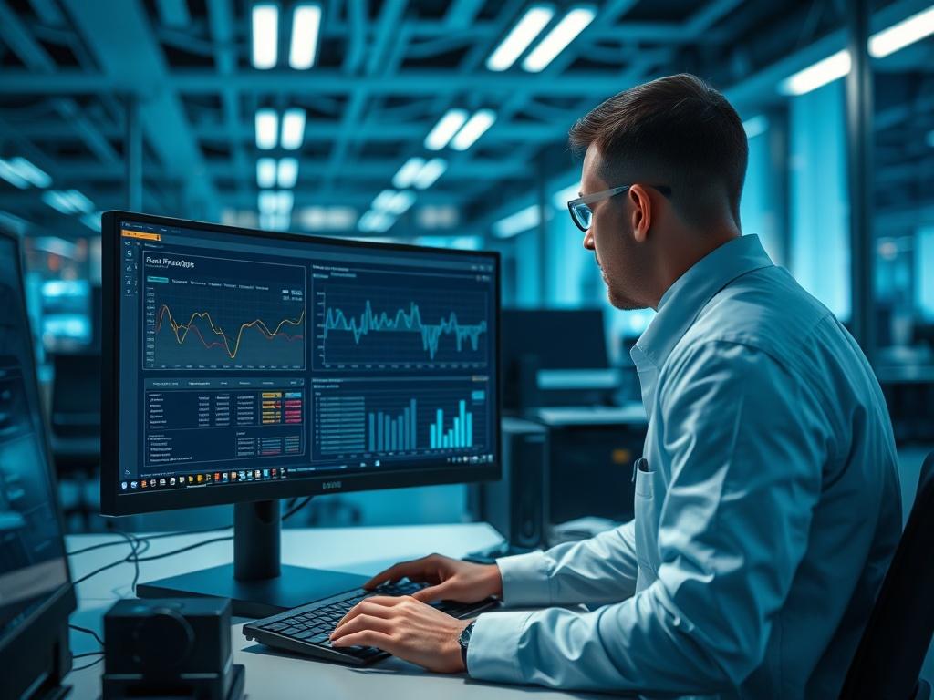 A realistic high resolution featuring a technician monitoring device performance