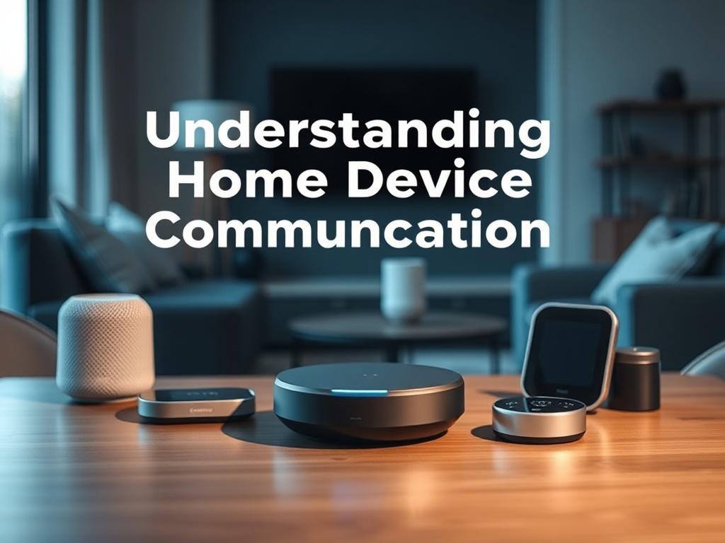 Create a realistic high-resolution photo that visually represents the theme of "Understanding Home Device Communication." The composition should be simple and clear, focusing solely on one central subject: a modern, sleek smart home hub placed on a stylish wooden table. 

The smart home hub should feature a round, minimalist design with a subtle glowing light on its surface, indicating it is actively communicating. Surrounding the hub, include a few everyday smart devices such as a smart speaker and a smart