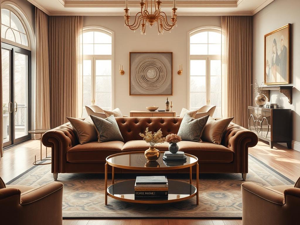 Create a realistic high-resolution photo that embodies the theme of luxury interior renovations. The composition should feature a single, elegantly designed living room showcasing high-end renovations. Center the shot on a stunning piece of custom furniture, such as a plush velvet sofa or a meticulously crafted coffee table. The background should highlight sophisticated elements such as large windows allowing natural light to flood the space, elegant drapes, and tasteful wall art that enhances the luxurious