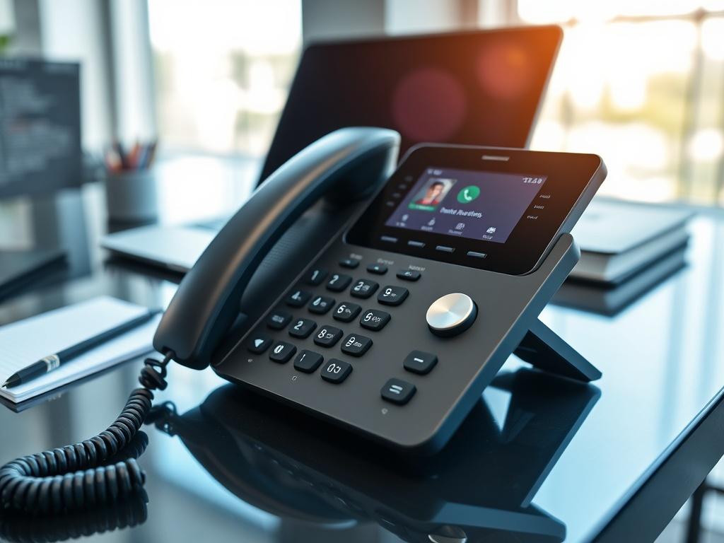 A close up photograph of a modern VoIP phone on