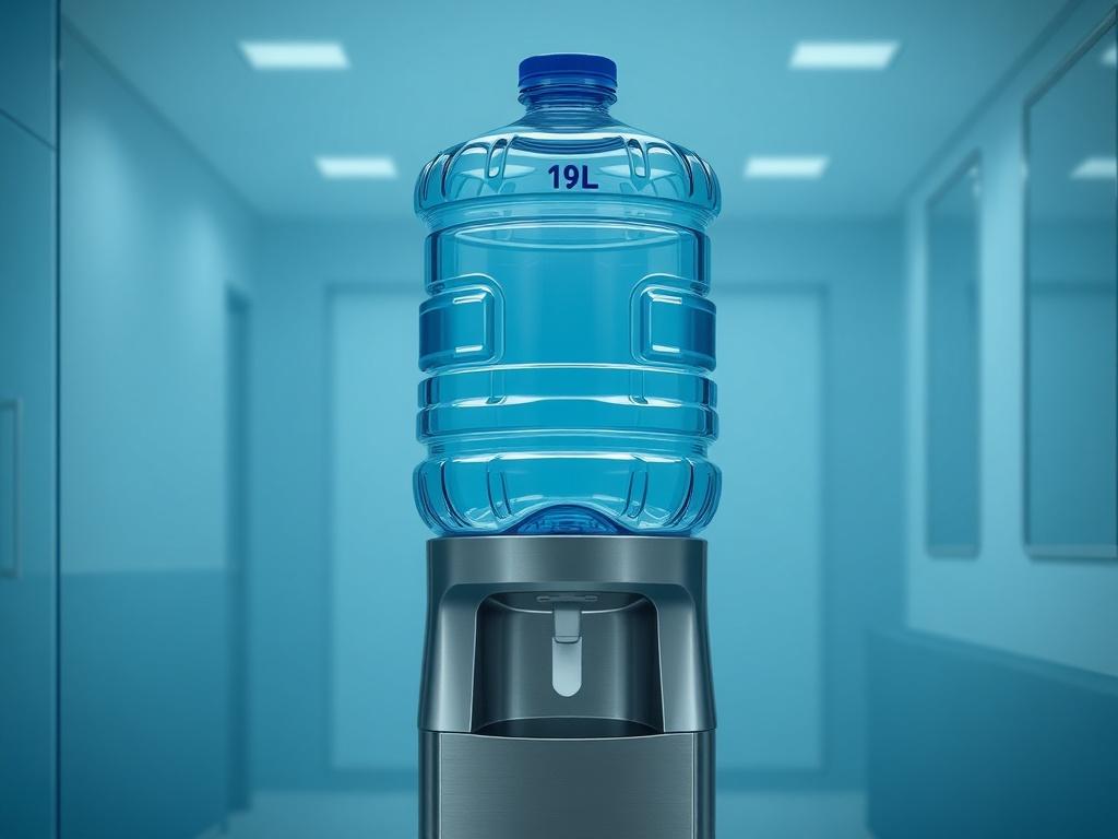 A realistic high-resolution photo of a 19L reusable water bottle mounted on a sleek water dispenser. The dispenser should have a modern design, featuring a stainless steel finish and a clean, minimalist look. The background should be a cool-toned environment with shades of rich blues and soft grays, resembling an office or healthcare setting. The composition should focus on the water bottle and dispenser, showcasing their functionality and elegance in a practical setting.