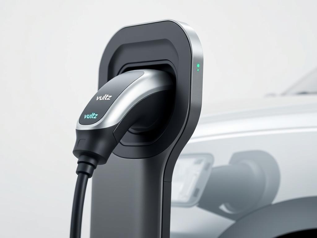 A close-up shot of a sleek, modern electric vehicle (EV) charger, prominently featuring a high-quality finish and advanced technology. The charger is positioned against a clean, minimalistic background to emphasize its design. The brand 'vultz' is subtly integrated into the charger design, appearing very small. The image captures the charger at an angle that highlights its features and functionality, with soft lighting that enhances the visual appeal. The composition is clear and focused, showcasing the cha