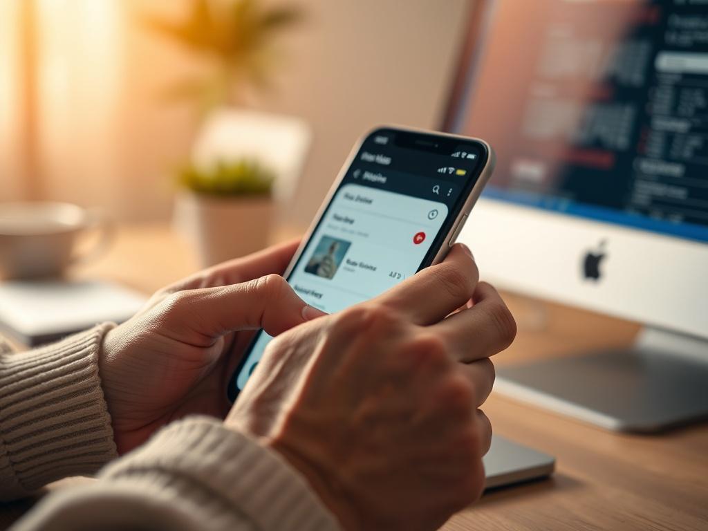 A close-up shot of a person's hands actively searching or typing on a mobile device, with a blurred desktop computer in the background. The focus is on the mobile screen displaying a user-friendly interface of a classifieds ads listing platform. The background should be softly lit to enhance the clarity of the mobile device, emphasizing engagement and interaction. The overall color tone should be warm, creating an inviting atmosphere, while still compatible with the primary color rgb(2, 86, 197).