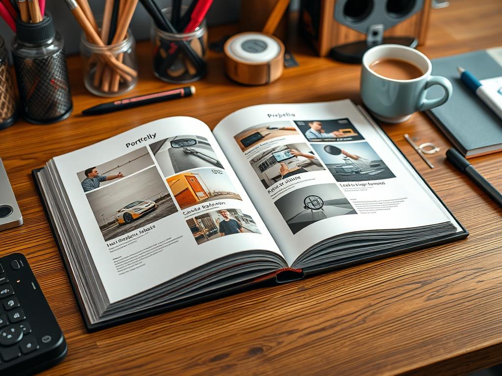 A close up shot of an open portfolio book on