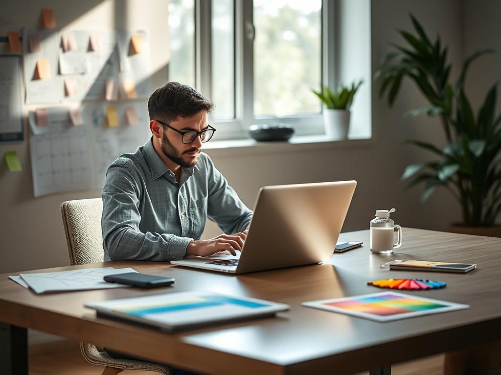 Create a realistic high-resolution photo that visually represents the theme of "The Importance of UX Design." The composition should be simple and clear, featuring a single subject: a professional UX designer seated at a modern desk, deeply engaged in designing a user interface on a sleek laptop. The designer should appear focused and passionate, showcasing a sense of dedication to their work.

In the background, incorporate elements that highlight a creative workspace, such as sketches of wireframes, stick