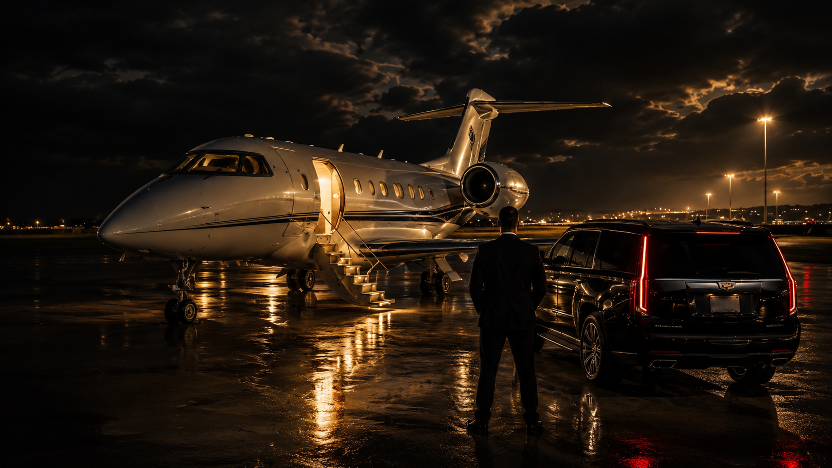 Premium luxury executive protection scene: private jet on airport tarmac with black Cadillac Escalade, cinematic airport lighting, professional executive travel security atmosphere