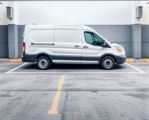 Clean white contractor van parked inside a marked parking bay