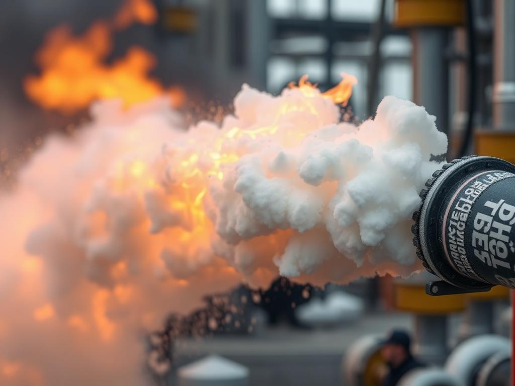A hyper-realistic close-up shot of the FS-01 fire suppression system in action, showcasing the foam being deployed to extinguish an oil and gas fire. The background should be a clear, blurred representation of an industrial setting, emphasizing the focus on the foam and flames. The image should capture the dynamic interaction between the foam and the fire, highlighting the cooling effect and the unique properties of the foam. Shot with a 45mm f/1.2 lens to achieve a shallow depth of field.