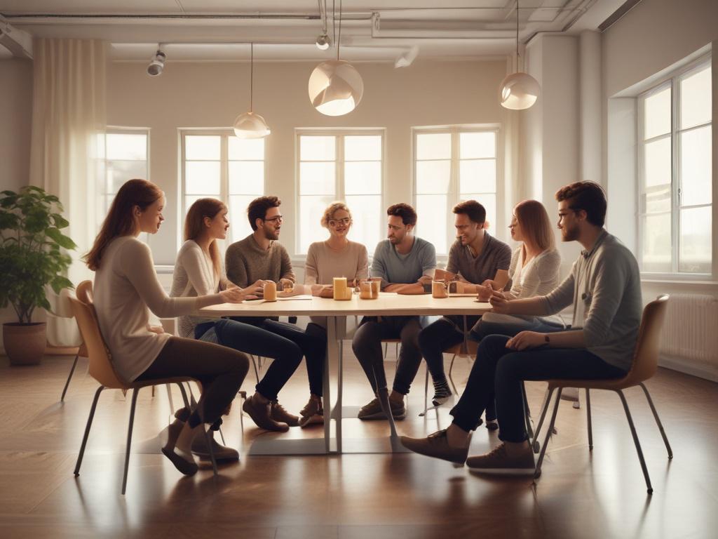 a lively discussion forum, soft lighting, peaceful atmosphere, a group