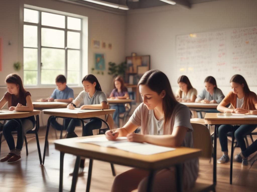 language learning class, soft lighting, peaceful atmosphere, a teacher and