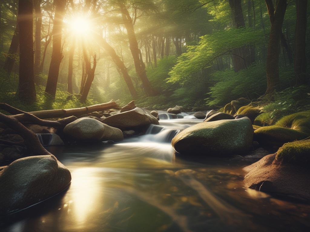 A serene and mystical scene featuring a crystal clear water