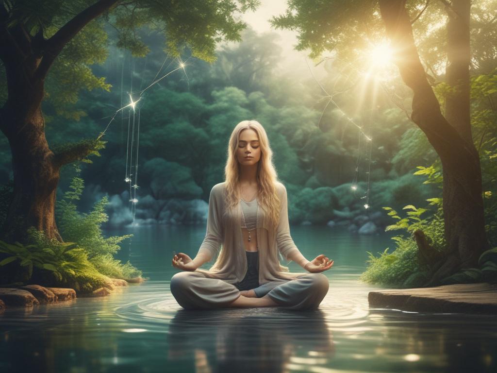 A serene and mystical scene featuring a person meditating in