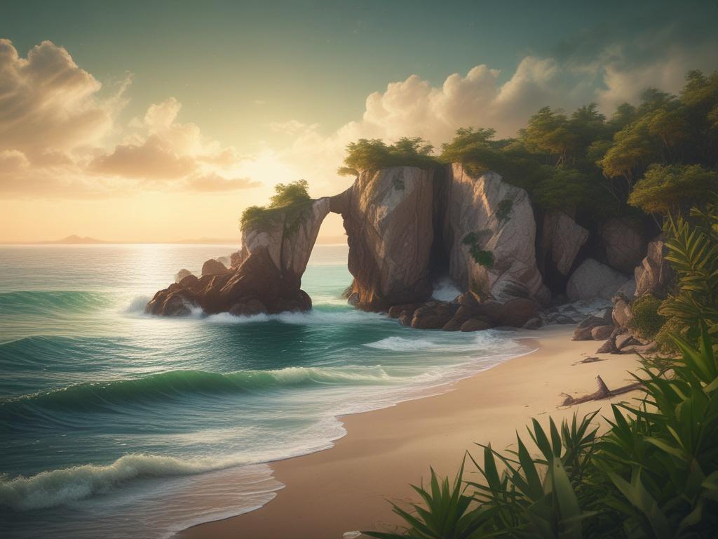 A serene and mystical landscape depicting Lemuria, featuring lush greenery