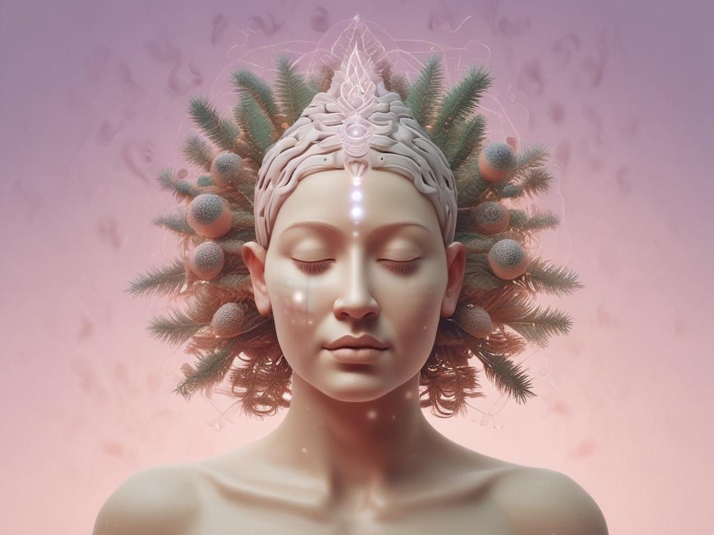 **AI Image Generation Prompt:**

Create a realistic high-resolution image for a blog titled "Awakening Your Pineal Gland." The composition should be simple and clear, focusing on a single subject—a serene individual meditating in a tranquil environment. The subject, a woman with flowing, long dark hair, sits cross-legged on a soft, natural-looking surface such as grass or a plush, sacred rug. Her eyes are gently closed, and a peaceful expression is on her face, reflecting inner calm and deep concentration.
