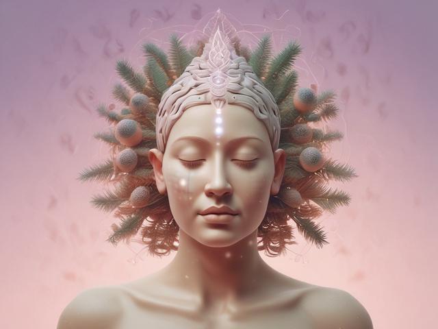 **AI Image Generation Prompt:**

Create a realistic high-resolution image for a blog titled "Awakening Your Pineal Gland." The composition should be simple and clear, focusing on a single subject—a serene individual meditating in a tranquil environment. The subject, a woman with flowing, long dark hair, sits cross-legged on a soft, natural-looking surface such as grass or a plush, sacred rug. Her eyes are gently closed, and a peaceful expression is on her face, reflecting inner calm and deep concentration.
