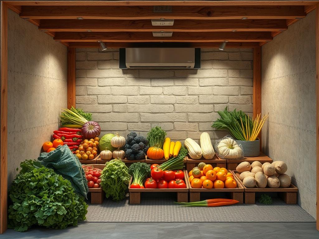 A customizable vegetable storage area with adjustable temperature and humidity controls, showcasing a variety of vegetables in optimal conditions. The image should highlight the flexibility of the storage options available to clients, with a clean and organized layout.