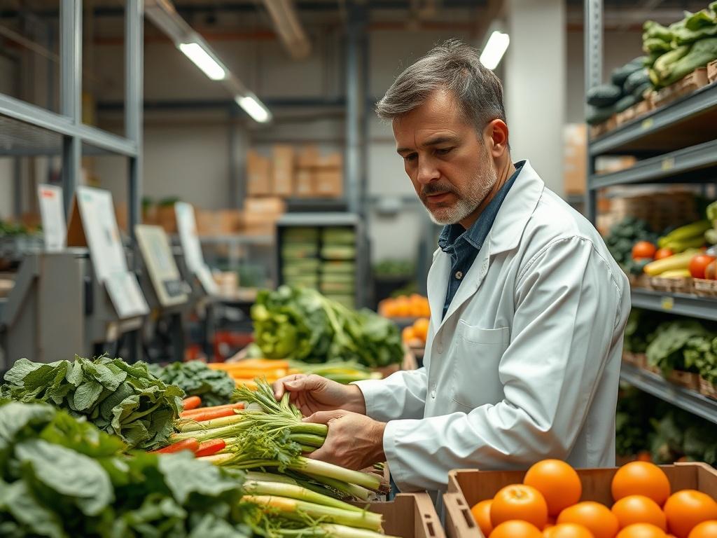 A professional quality control technician inspecting fresh vegetables in a storage facility, with equipment and charts in the background. The setting should be bright and organized, reflecting a high standard of quality assurance processes. The technician should look focused and engaged in their task.