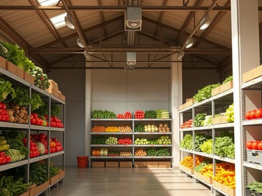 A modern vegetable storage facility with high ceilings and shelves filled with fresh vegetables, well-lit and organized. The image should convey cleanliness and efficiency, showcasing the storage's advanced features, like temperature controls. The background should be simple and professional, emphasizing the importance of proper storage.