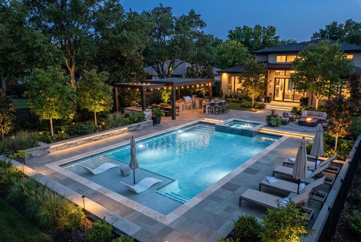 Award-winning TerraTide custom pool and patio design featuring luxury hardscape and landscape integration