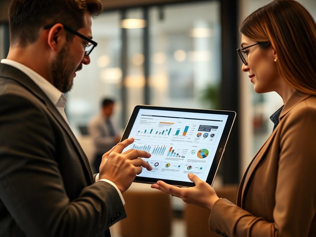 A close-up shot of a professional marketing consultant discussing strategies with a client in an office setting. The consultant is showing a digital marketing plan on a tablet, with a soft-focus background of a modern office space. The lighting is warm and inviting, emphasizing collaboration and innovation. The primary color of the scene should incorporate shades of rgb(50, 170, 39), creating a vibrant and engaging atmosphere.