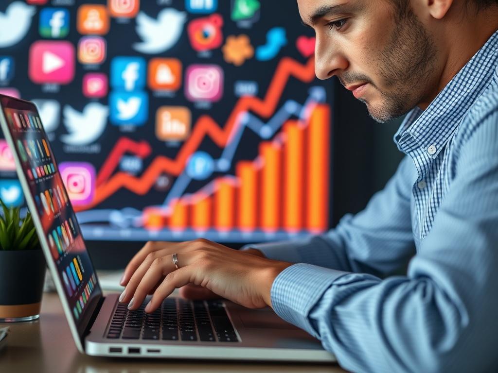A close-up shot of a professional social media manager working on a laptop, focused on creating engaging content. The background features colorful social media logos and graphs, representing online growth. The photo conveys a sense of creativity and digital engagement, shot with a 45mm f/1.2 lens in high resolution.