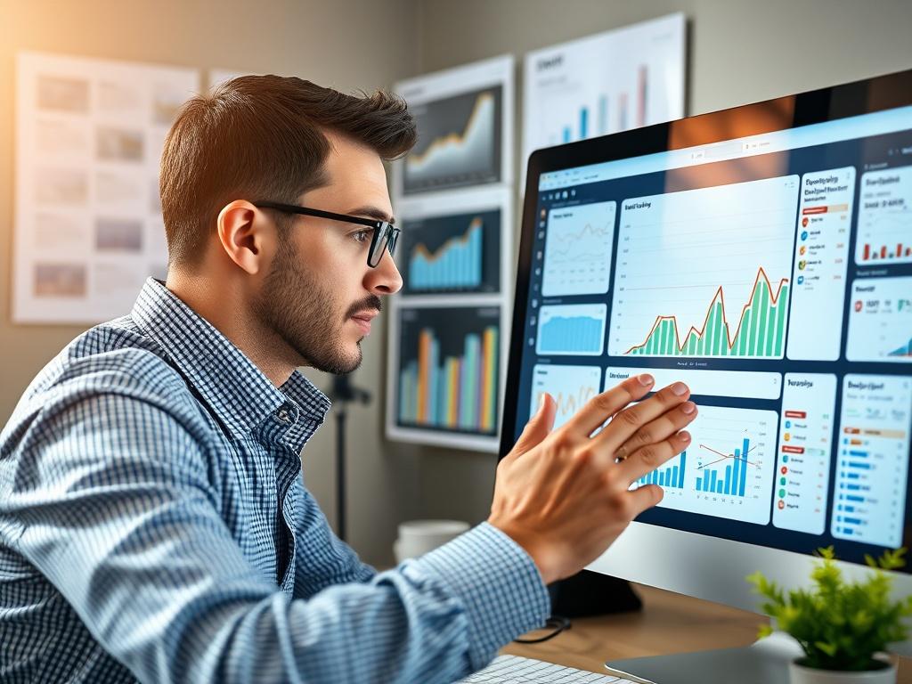 A close-up shot of a marketing professional analyzing email campaign metrics on a computer screen. The background features charts and email templates, illustrating the strategic planning of an email marketing campaign. The focus is on the data and the professional's engagement, captured with a 45mm f/1.2 lens.