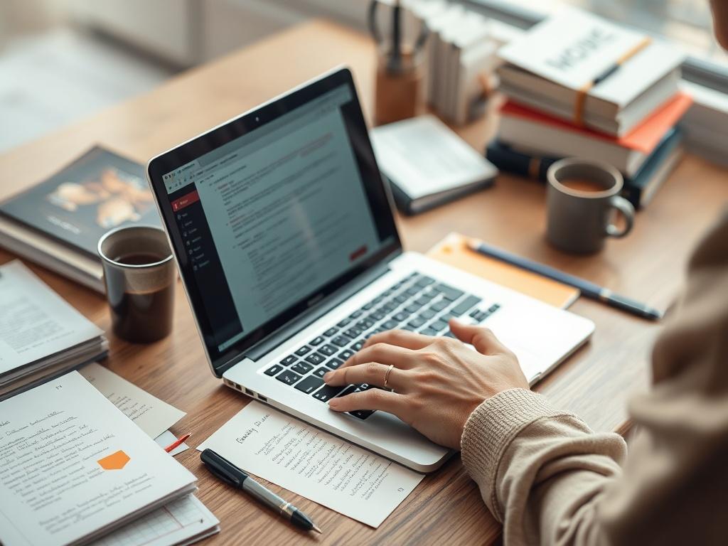 A high-resolution close-up of a content creator typing on a laptop, surrounded by notes and ideas. The image reflects a creative workspace with books and a coffee cup, showcasing the process of developing engaging content. The background is softly blurred to keep the focus on the creator, captured with a 45mm f/1.2 lens.