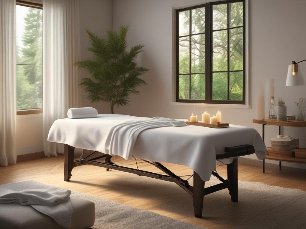 A serene setting featuring a massage table adorned with soft
