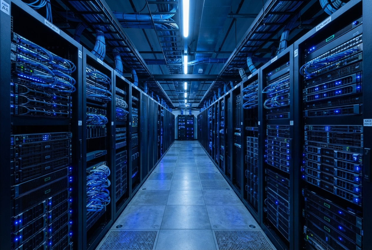 Modern server room with blue LED lighting