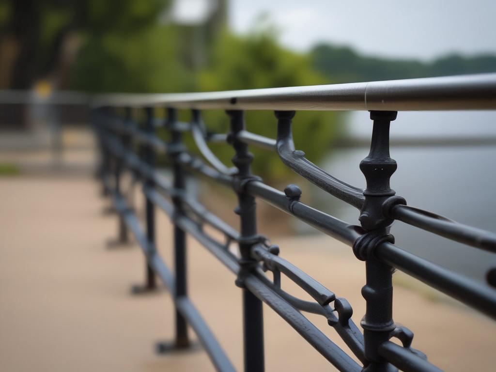 high-resolution close-up of a repaired railing showcasing weld quality and design, with a natural background, captured with a 45mm f/1.2 lens
