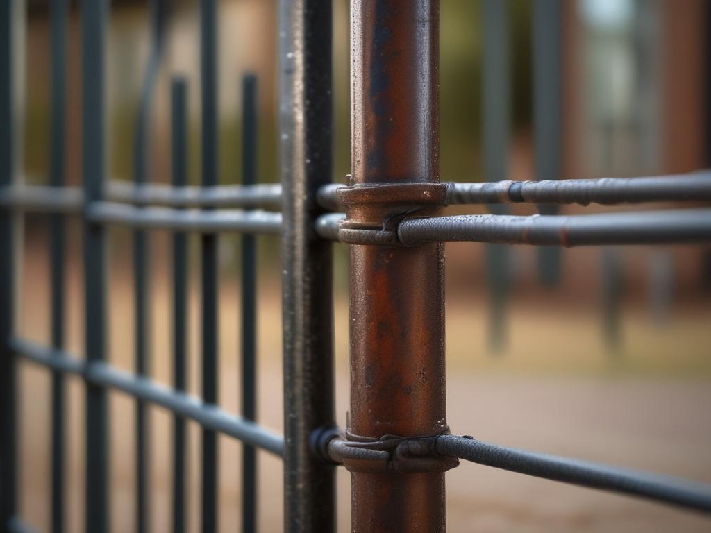 high-resolution close-up of a welded gate in a realistic setting, showcasing the quality of the weld with a blurred background, captured with a 45mm f/1.2 lens