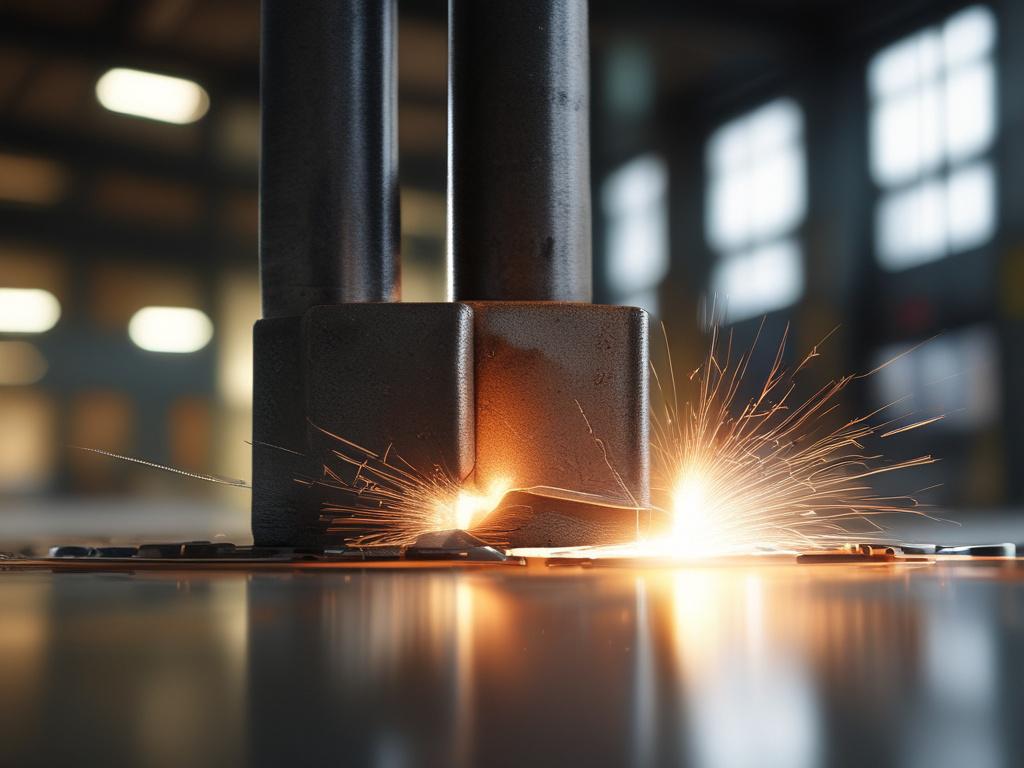 high-resolution close-up of a structural weld demonstrating strength and precision, with a blurred industrial background, captured with a 45mm f/1.2 lens